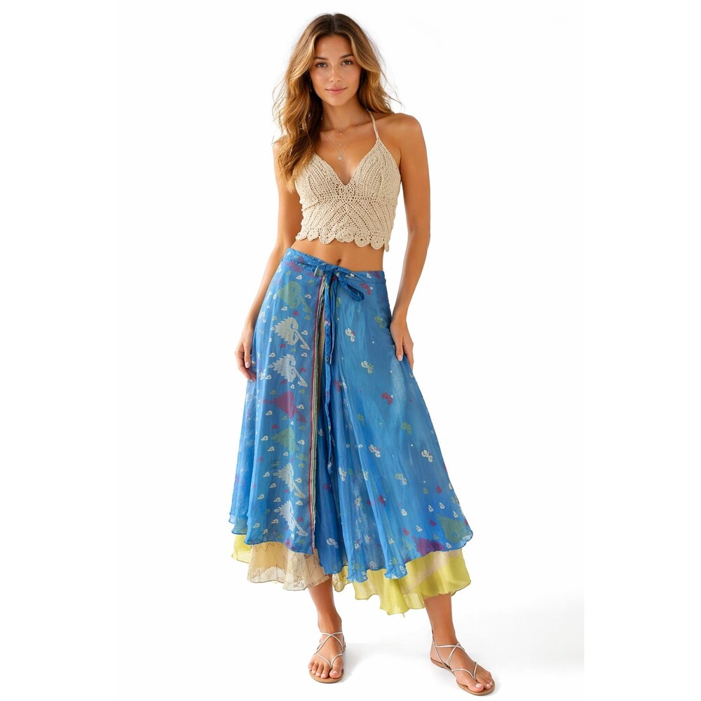 Kariza Boho Fairy Wrap Skirt Sheer Silk Blue Layered Festival Hippie Flowy OSFA